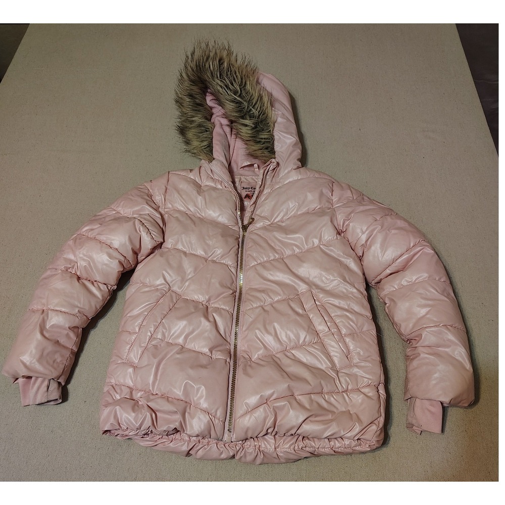 Juicy Couture Girls Pink Puffer Jacket with Faux Fur Hood Size S 7 8